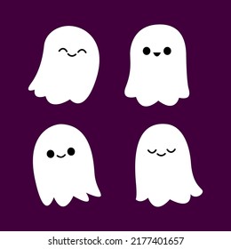 Happy Halloween Party Greeting Card With Cute Ghost. Holidays Cartoon Character. Cute Spooky Ghosts.