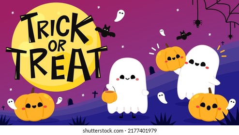 Happy halloween party greeting card with cute ghost. Holidays cartoon character. Trick or treat design with cute pumpkin. Halloween funny cartoon.