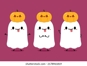 Happy halloween party greeting card with cute ghost. Holidays cartoon character. Cute spooky ghosts.