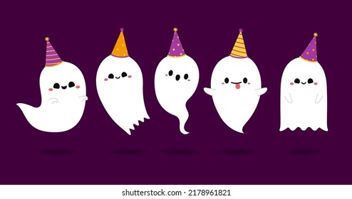 Happy halloween party greeting card with cute ghost. Holidays cartoon character. Cute spooky ghosts.