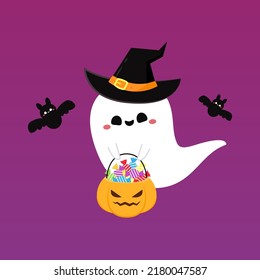 Happy halloween party greeting card with cute ghost. Holidays cartoon character. Trick or treat design with cute pumpkin. Halloween funny cartoon.