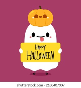 Happy halloween party greeting card with cute ghost. Holidays cartoon character. Trick or treat design with cute pumpkin. Halloween funny cartoon.