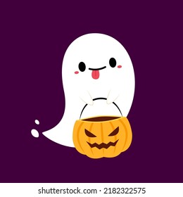 Happy halloween party greeting card with cute ghost. Holidays cartoon character. Trick or treat design with cute pumpkin. Halloween funny cartoon.