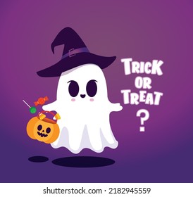 Happy halloween party greeting card with cute ghost and fancy hat. Holidays cartoon character. Vector