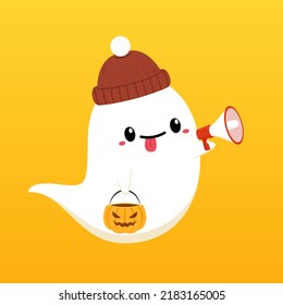 Happy halloween party greeting card with cute ghost. Holidays cartoon character. Trick or treat design with cute pumpkin. Halloween funny cartoon.