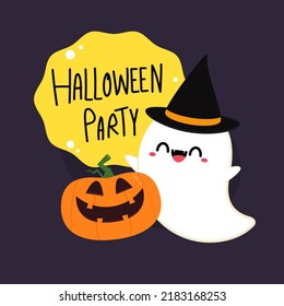 Happy halloween party greeting card with cute ghost. Holidays cartoon character. Trick or treat design with cute pumpkin. Halloween funny cartoon.