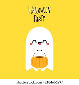 Happy halloween party greeting card with cute ghost. Holidays cartoon character. Trick or treat design with cute pumpkin. Halloween funny cartoon.