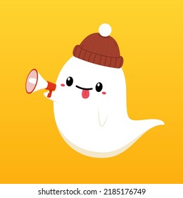 Happy halloween party greeting card with cute ghost. Holidays cartoon character. Trick or treat design with cute pumpkin. Halloween funny cartoon.