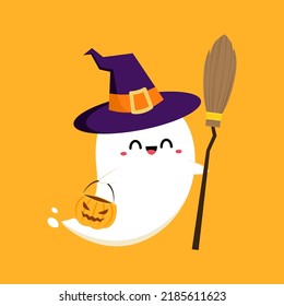 Happy halloween party greeting card with cute ghost. Holidays cartoon character. Trick or treat design with cute pumpkin. Cute ghost in a witch hat. 