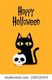 Happy halloween party greeting card with cute Black cat and skull. Holidays cartoon character. Trick or treat. Halloween funny cartoon.
