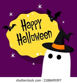 Happy halloween party greeting card with cute ghost. Holidays cartoon character. Trick or treat. Halloween funny cartoon.