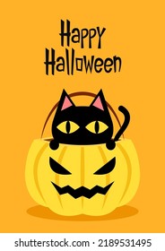 Happy halloween party greeting card with cute Black cat and skull. Holidays cartoon character. Trick or treat. Halloween funny cartoon.