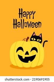 Happy halloween party greeting card with cute Black cat and skull. Holidays cartoon character. Trick or treat. Halloween funny cartoon.