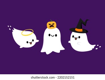 Happy Halloween Party Greeting Card With Cute Ghost. Holidays Cartoon Character. Cute Spooky Ghosts. Spooky Ghosts In A Halloween Hat