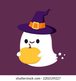 Happy Halloween Party Greeting Card With Cute Ghost. Holidays Cartoon Character. Cute Spooky Ghosts. Spooky Ghosts In A Witch Hat