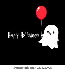 Happy halloween party greeting card with cute ghost. Holidays cartoon character. Trick or treat. Halloween funny cartoon.