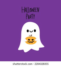 Happy halloween party greeting card with cute ghost. Holidays cartoon character. Trick or treat. Halloween funny cartoon.