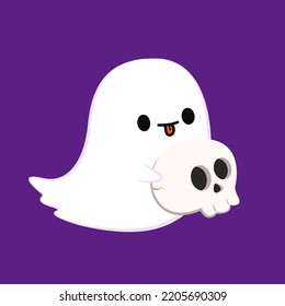 Happy halloween party greeting card with cute ghost. Holidays cartoon character. Trick or treat. Halloween funny cartoon.