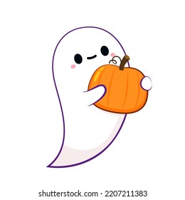 Happy halloween party greeting card with cute ghost. Holidays cartoon character. Trick or treat design with cute pumpkin. Halloween funny cartoon.