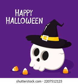 Happy halloween party greeting card with cute Skull. Holidays cartoon character. Trick or treat. Halloween funny cartoon.