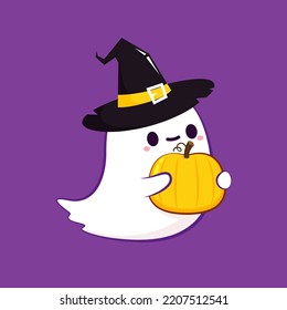 Happy halloween party greeting card with cute ghost. Holidays cartoon character. Trick or treat. Halloween funny cartoon.