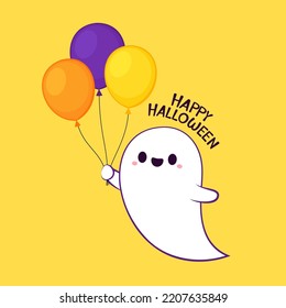 Happy halloween party greeting card with cute ghost. Holidays cartoon character. Trick or treat. Halloween funny cartoon.