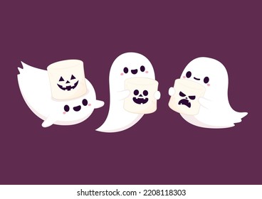 Happy halloween party greeting card with cute ghost. Holidays cartoon character. Trick or treat. Halloween funny cartoon. Halloween face on Marshmallow.