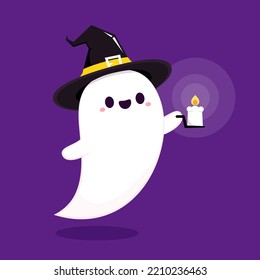 Happy halloween party greeting card with cute ghost. Holidays cartoon character. Trick or treat. Halloween funny cartoon.