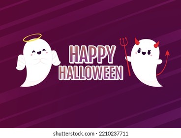 Happy halloween party greeting card with cute ghost. Holidays cartoon character. Trick or treat. Halloween funny cartoon. Cute ghost angel and devil costume.