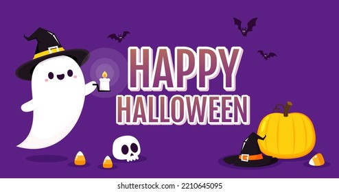 Happy halloween party greeting card with cute ghost. Holidays cartoon character. Trick or treat. Halloween funny cartoon.