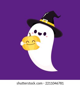 Happy halloween party greeting card with cute ghost. Holidays cartoon character. Trick or treat design with cute pumpkin. Halloween funny cartoon.