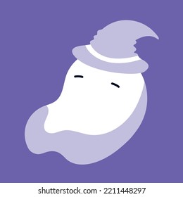 Happy halloween party greeting card with cute ghost. Holidays cartoon character. Cute spooky ghost. Spooky ghost in a halloween hat
