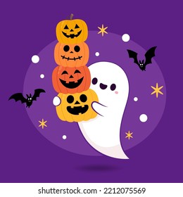 Happy halloween party greeting card with cute ghost. Holidays cartoon character. Trick or treat. Halloween funny cartoon.