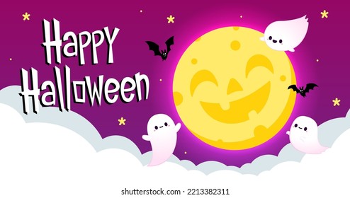Happy halloween party greeting card with cute ghost. Holidays cartoon character. Trick or treat. Halloween funny cartoon.