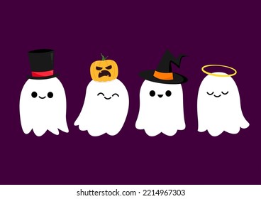 Happy halloween party greeting card with cute ghost. Holidays cartoon character. Cute spooky ghosts. Spooky ghosts in a halloween hat