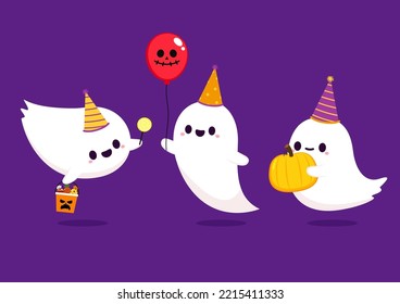 Happy halloween party greeting card with cute ghost. Holidays cartoon character. Cute spooky ghosts. Spooky ghosts in a halloween hat