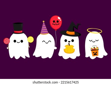 Happy halloween party greeting card with cute ghost. Holidays cartoon character. Cute spooky ghosts.