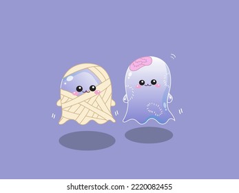 Happy halloween party greeting card with cute ghost mummy and frankenstein, halloween character elements collection.