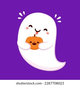 Happy halloween party greeting card with cute ghost. Holidays cartoon character. Trick or treat. Halloween funny cartoon.