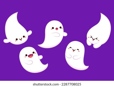 Happy halloween party greeting card with cute ghost. Holidays cartoon character. Trick or treat. Halloween funny cartoon.