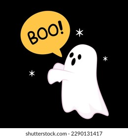 Happy halloween party greeting card with cute ghost. Holidays cartoon character. Trick or treat. Halloween funny cartoon. Boo! banner.