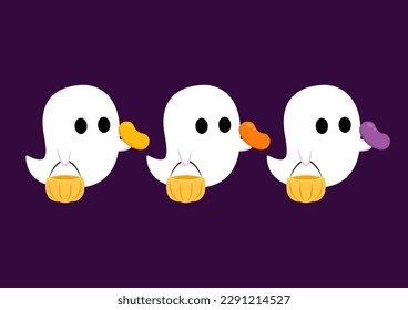 Happy halloween party greeting card with cute ghost. Holidays cartoon character. Trick or treat. Halloween funny cartoon.