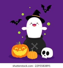 Happy halloween party greeting card with cute ghost. Holidays cartoon character. Trick or treat. Halloween funny cartoon.