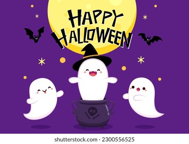 Happy halloween party greeting card with cute ghost. Holidays cartoon character. Trick or treat. Halloween funny cartoon.