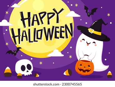 Happy halloween party greeting card with cute ghost. Holidays cartoon character. Trick or treat. Halloween funny cartoon.