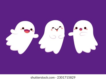 Happy halloween party greeting card with cute ghost. Holidays cartoon character. Trick or treat. Halloween funny cartoon.