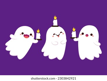 Happy halloween party greeting card with cute ghost. Holidays cartoon character. Trick or treat. Halloween funny cartoon.