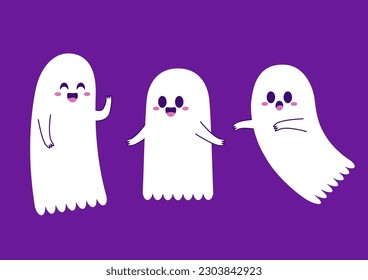 Happy halloween party greeting card with cute ghost. Holidays cartoon character. Trick or treat. Halloween funny cartoon.