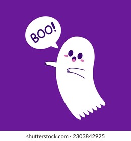 Happy halloween party greeting card with cute ghost. Holidays cartoon character. Trick or treat. Halloween funny cartoon.