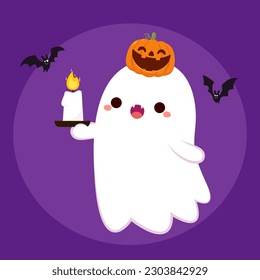 Happy halloween party greeting card with cute ghost. Holidays cartoon character. Trick or treat. Halloween funny cartoon.